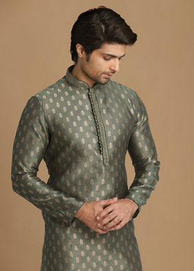 alt message - Manyavar Men Bottle Green Kurta Set With Golden Motifs image number 0